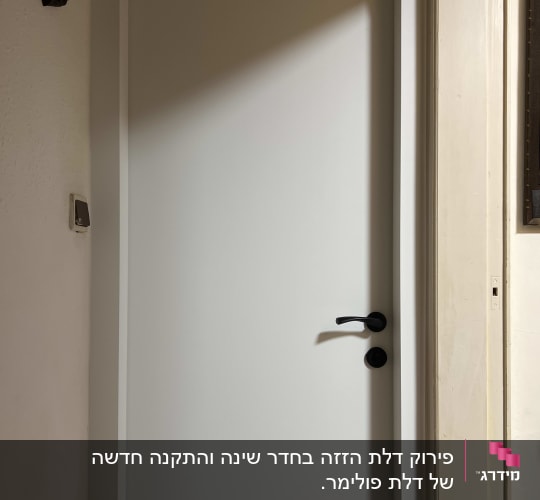 דלת לבנה עם ידית שחורה על קיר בהיר